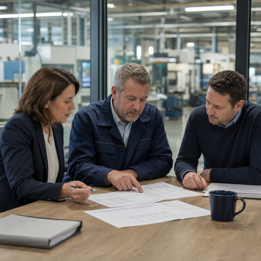 Drei Personen besprechen an einem Tisch Unterlagen zur technischen Personalplanung, im Hintergrund eine Fertigungshalle